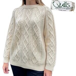 Quills Ireland Wool Hand Knit Aran Sweater Women's Medium Cream Fisherman Jumper